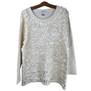Gantos Blouse Size Large Beaded Sequins Ribbon Applique Long Sleeve Top Cream